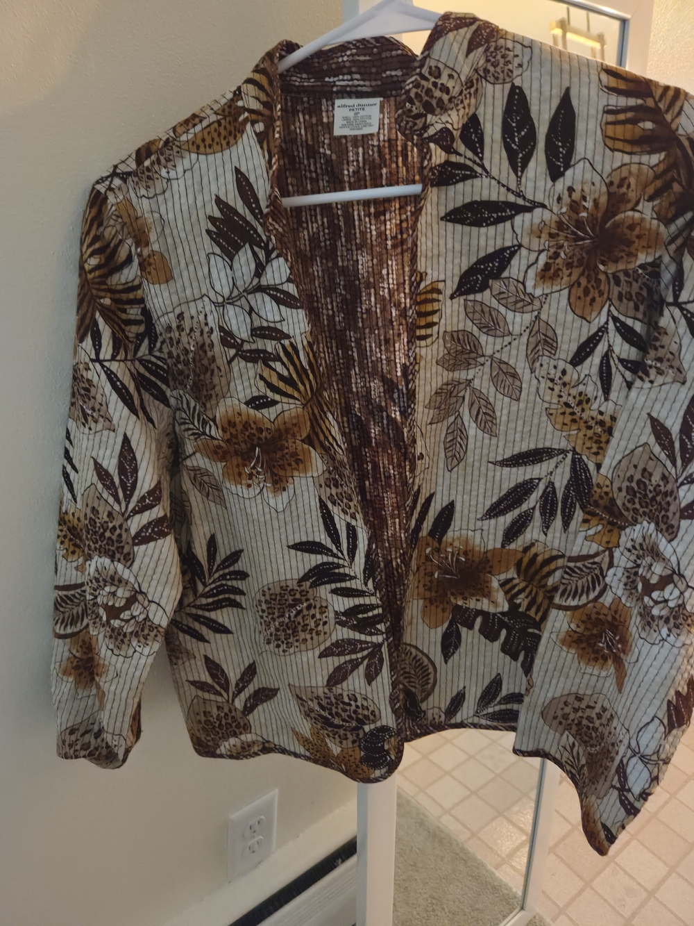 Alfred Dunner Brown and Cream Patterned Petite Open Quilted Cardigan